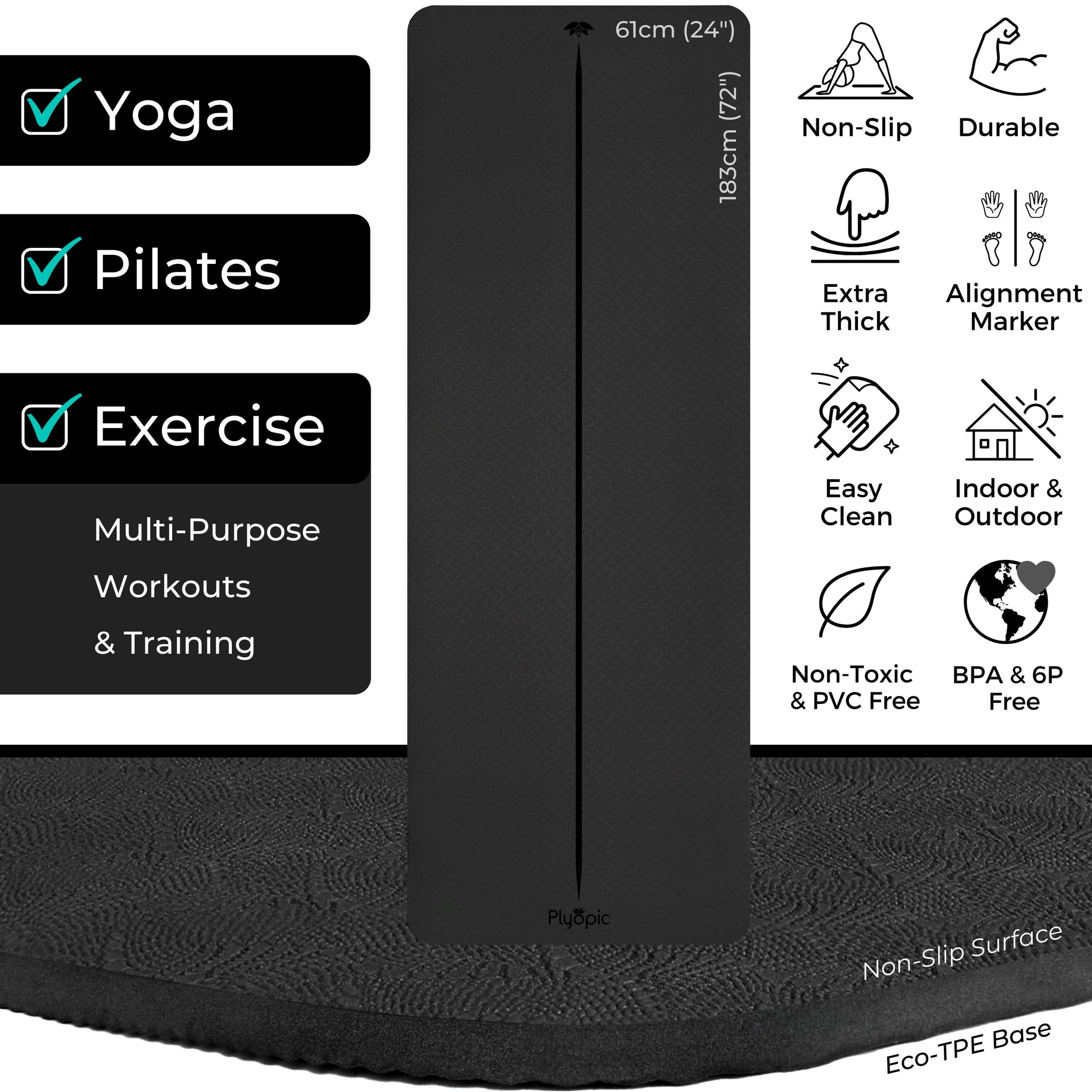 Yoga, Pilates & Exercise Mat - Black - Plyopic