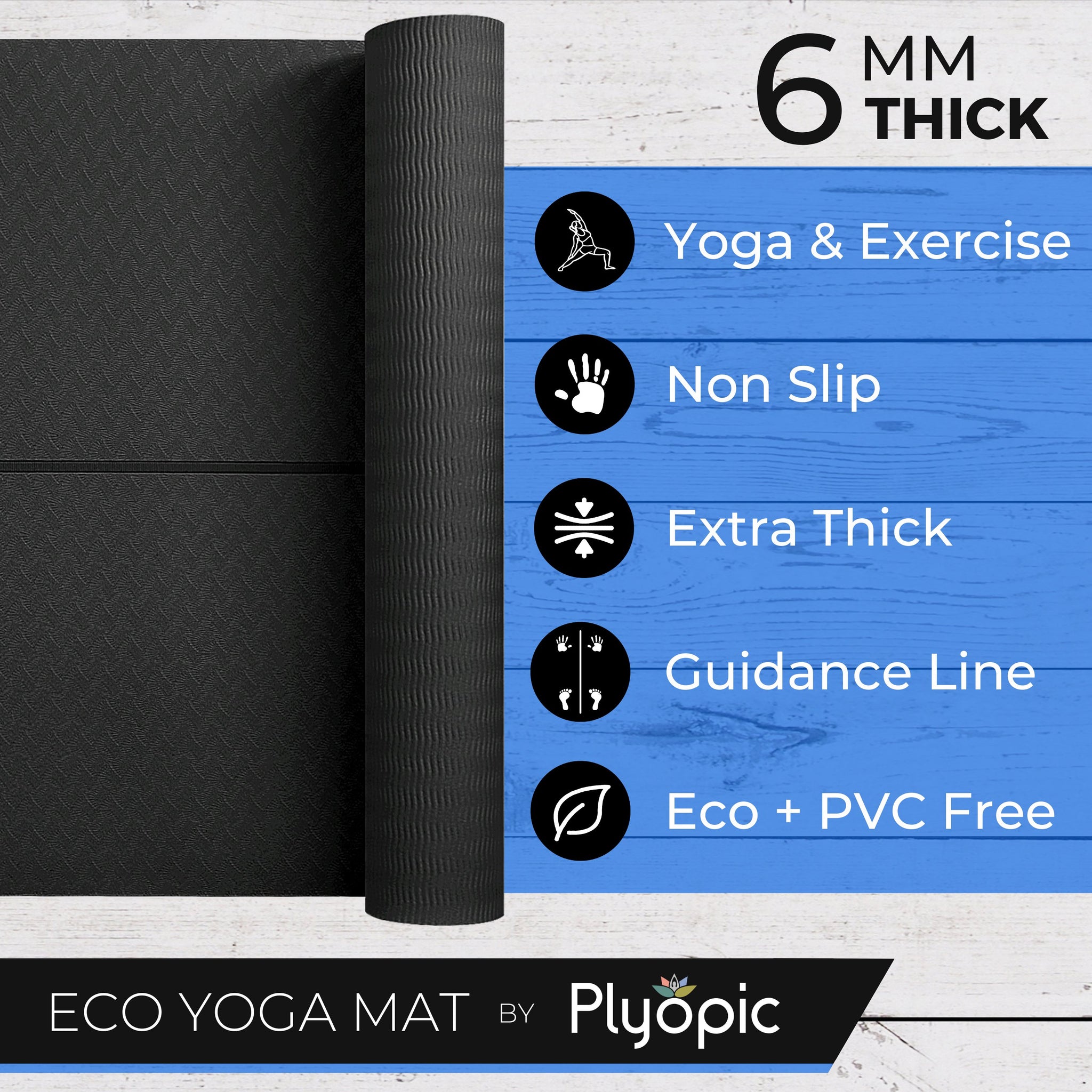 Yoga, Pilates & Exercise Mat - Black - Plyopic