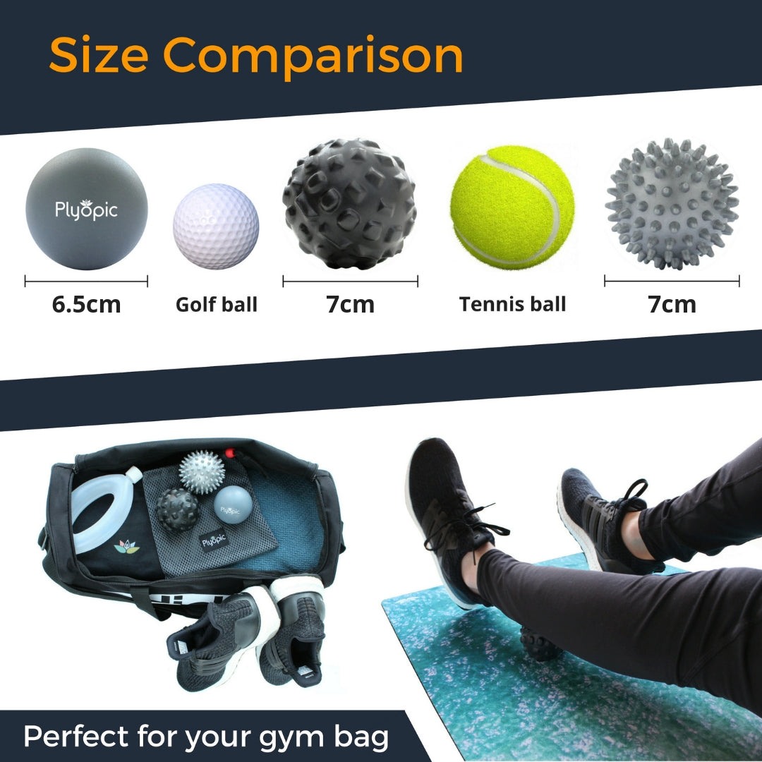 Plyopic Massage Ball Set Size Comparison With Smooth Ball Golf Ball Trigger Ball Tennis Ball and Spiky Ball