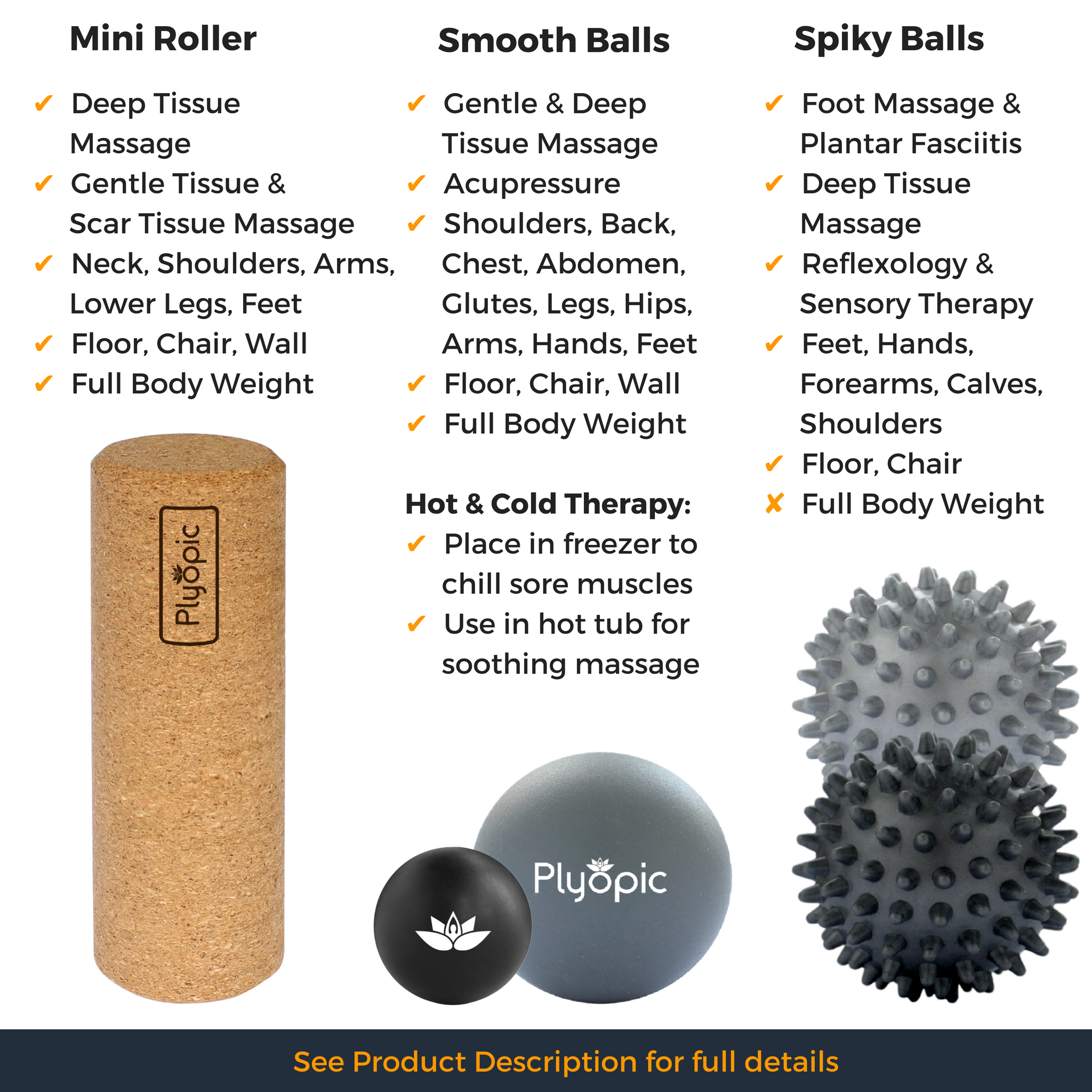 Plyopic Foot Massage Ball Set - with Spiky Balls Smooth Balls and Mini Massage Roller