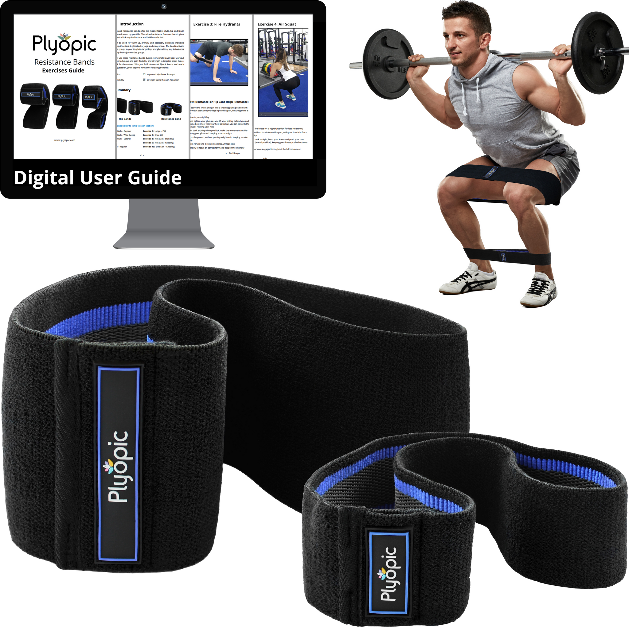 Plyopic-Men's Hip Resistance Band Set (For Upper & Lower Legs)-Hip Resistance and Mini Bands Digital User Guide and Resistance Bands Worn on Man Lifting Weights