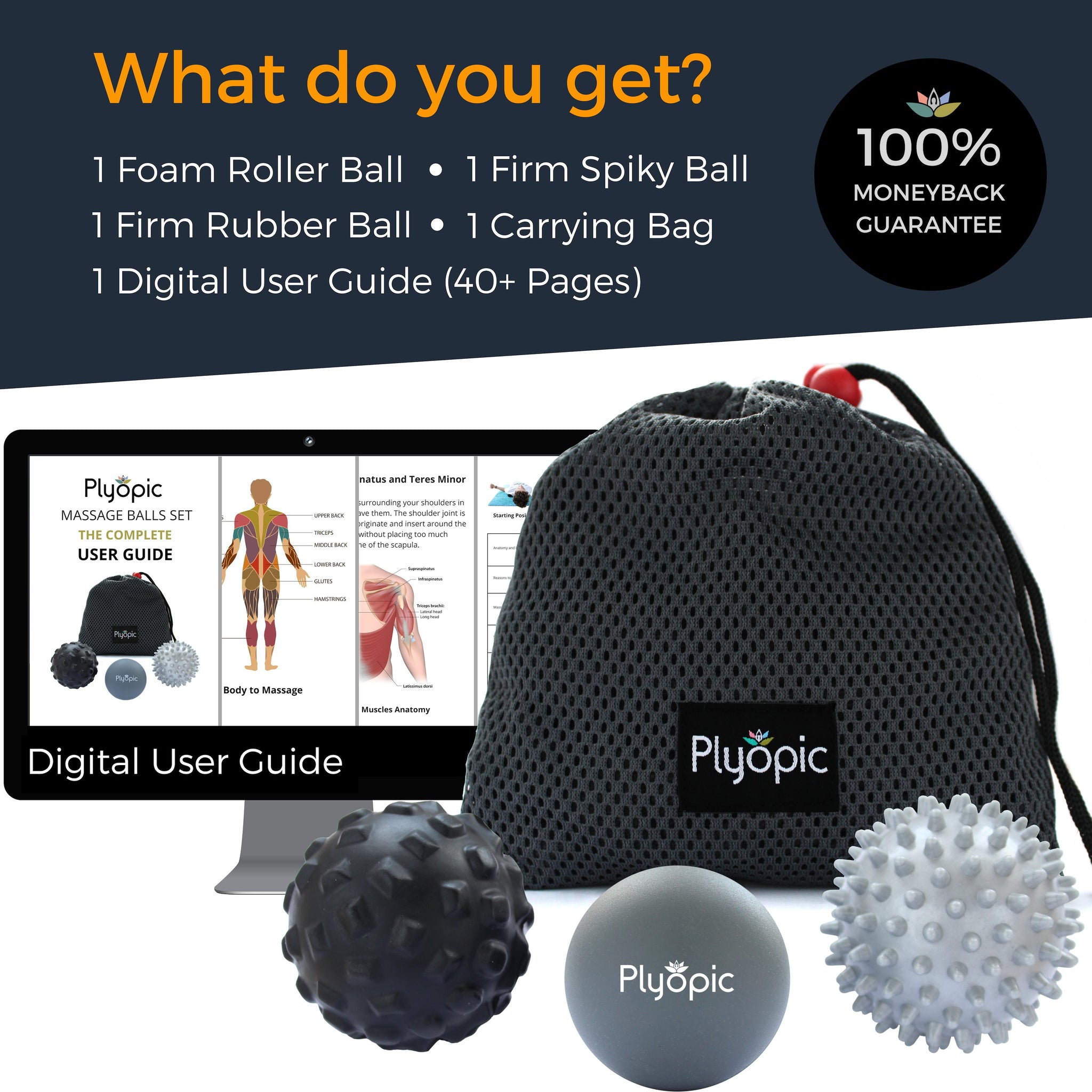 Plyopic-Plyopic Massage Ball Set With Smooth Ball Spiky Ball and Trigger Ball Carry Bag and Digital User Guide