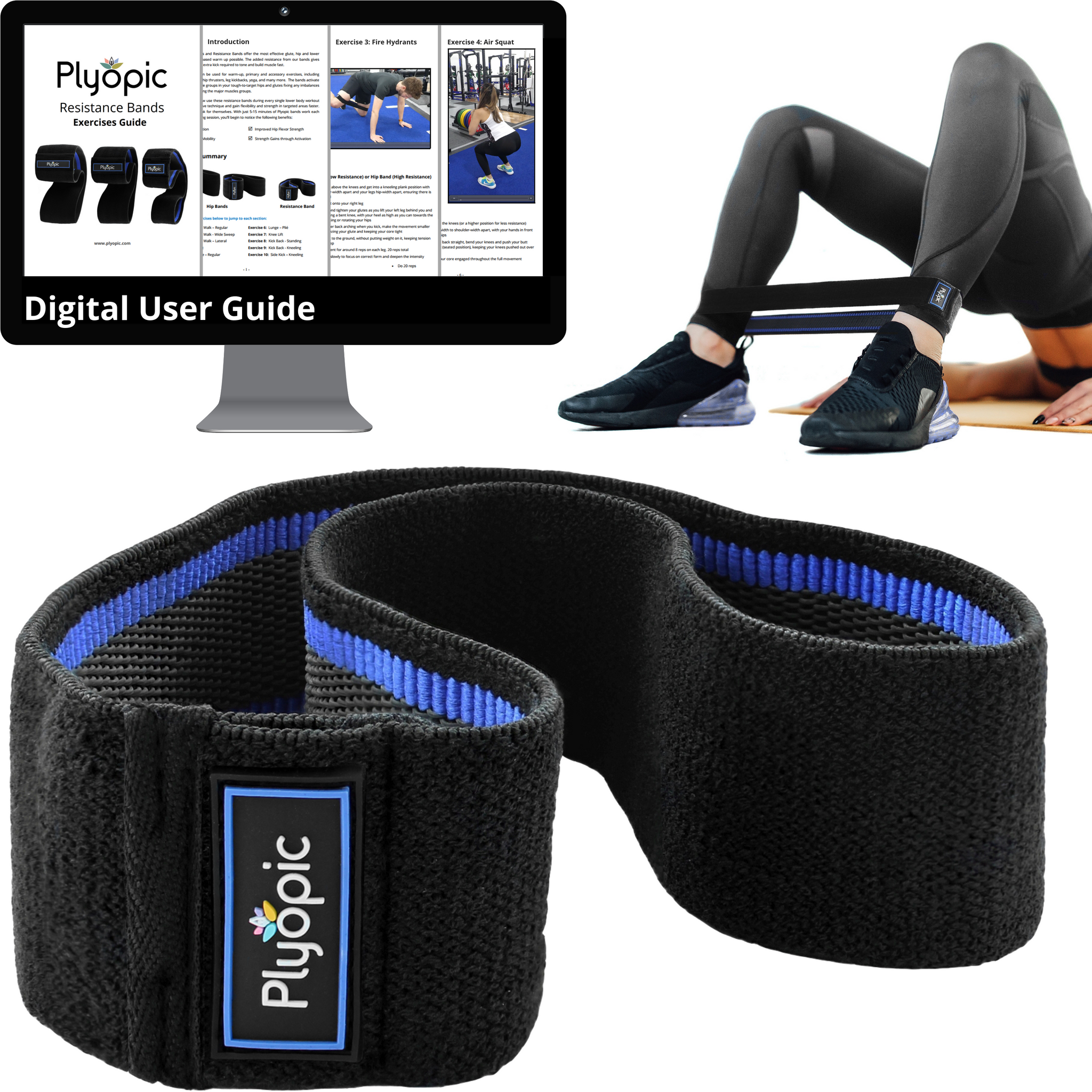 Plyopic-Resistance Band (For Lower Legs)-Hip Resistance Bands Digital User Guide and Resistance Band Worn on Woman Doing Hip Raisers