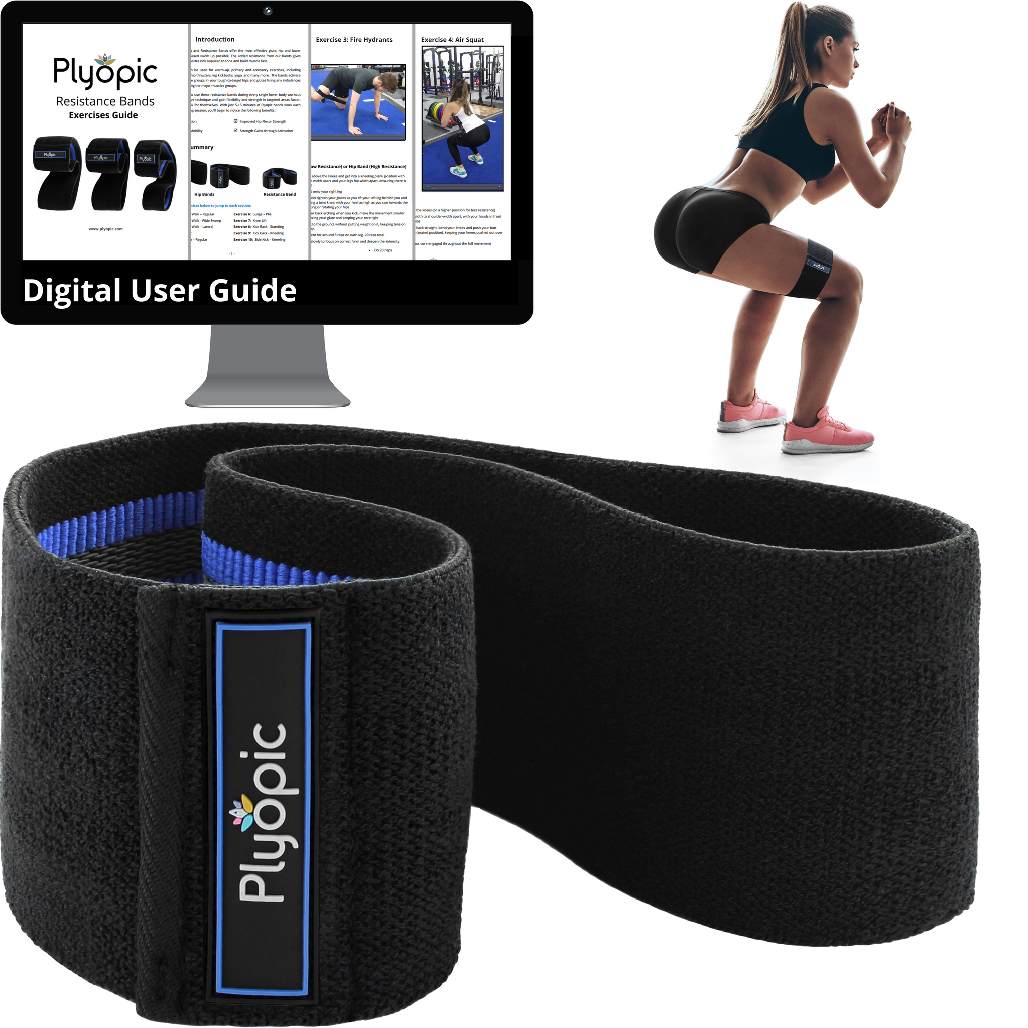 Plyopic-Women's Hip Band (For Upper Legs)-Hip Resistance Band Digital User Guide and Resistance Band Worn on Woman Squatting