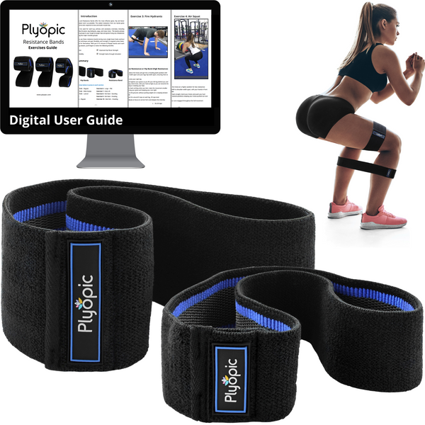 Plyopic-Women's Hip Resistance Band Set (For Upper & Lower Legs)-Hip Resistance and Mini Bands Digital User Guide and Resistance Bands Worn on Woman Squatting